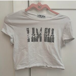 I.AM.GIA White Cropped Baby Tee Logo Bedazzled Crop Top